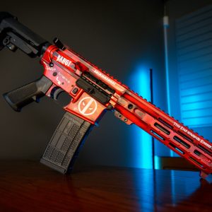 Zeus Arms Deadpool AR pistol on wood table, left angle