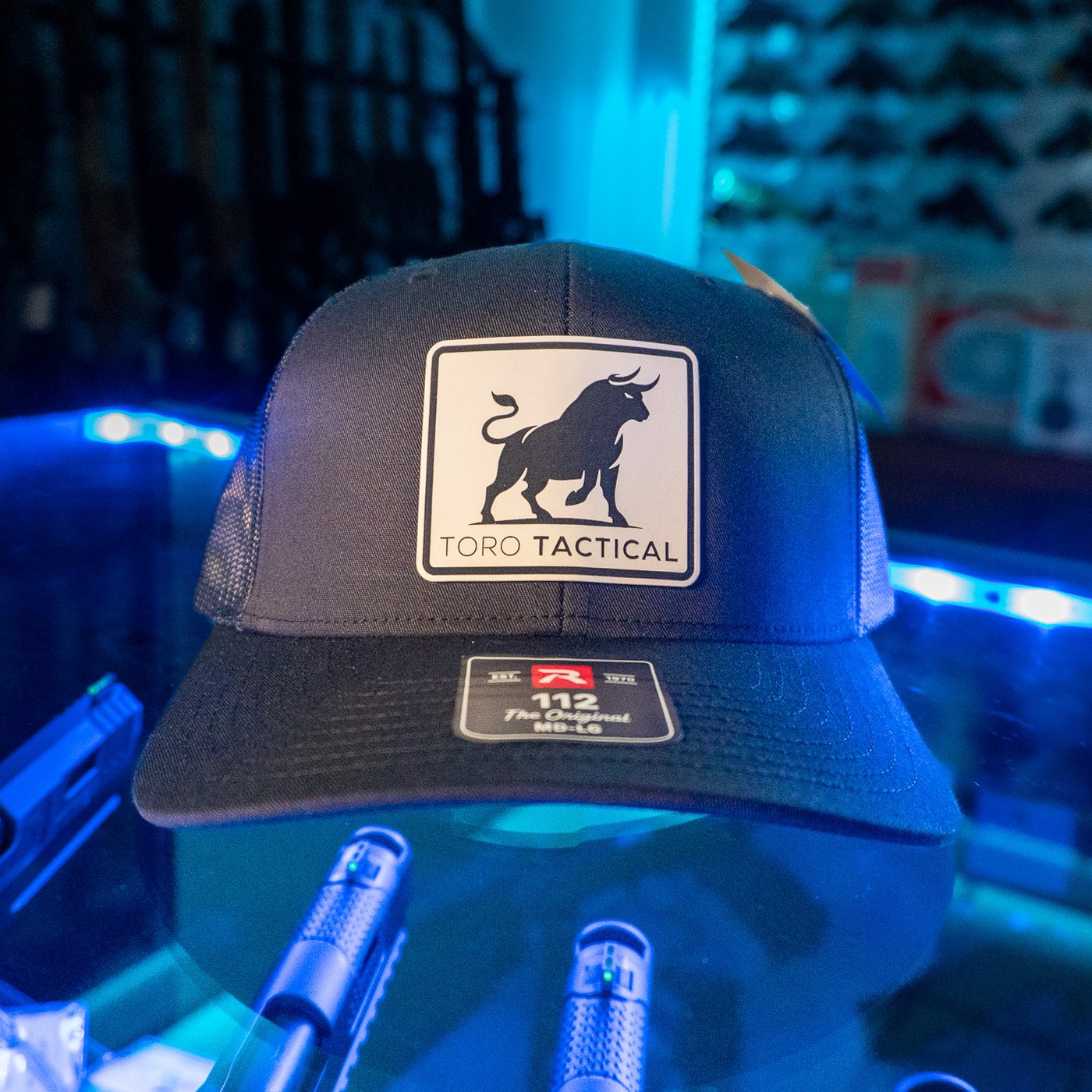 Toro Tactical black trucker hat with bull logo patch, front view