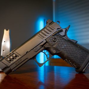 Staccato C2 9mm pistol on wood table, left angle