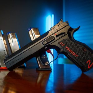 CZ Shadow 2 9mm pistol with magazines on wood table