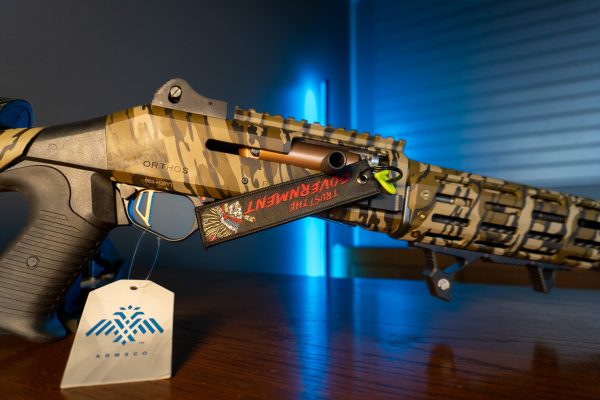 Close-up of Orthos Raider S4 12 gauge camo shotgun receiver