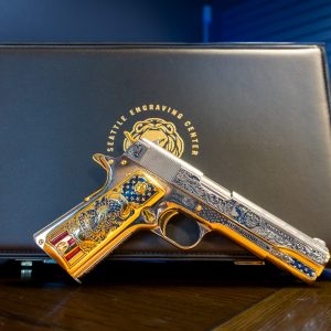Colt 1911 45 ACP Union of Time engraved pistol by its case
