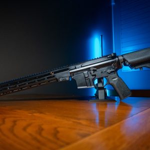 Geissele Super Duty MOD1 5.56 rifle, left side on wood table