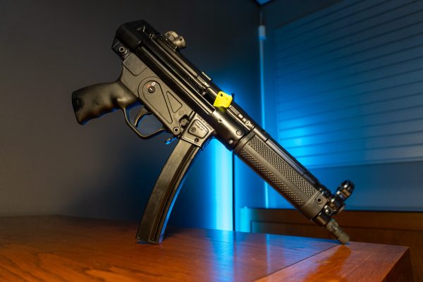 Century Arms AP5 9mm pistol on stand, left side
