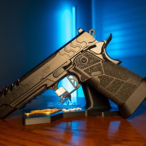 Kimber Pro Comp 5 inch 9mm pistol on display stand