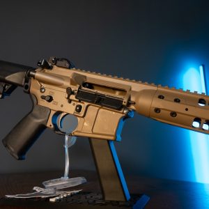 LWRC M6 5.56 rifle in tan, close-up left side