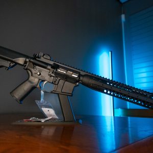 LWRC M6 5.56 rifle on stand, left side