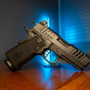 Staccato CS 3.5 9mm pistol, left angle on wood table
