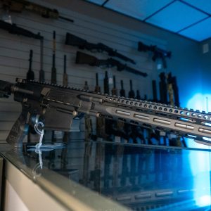 Daniel Defense DD5 7.62 NATO AR pistol on glass counter