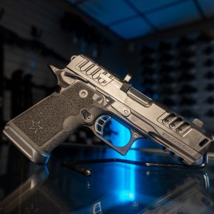 Staccato HD C4X 9mm pistol on glass counter, right angle