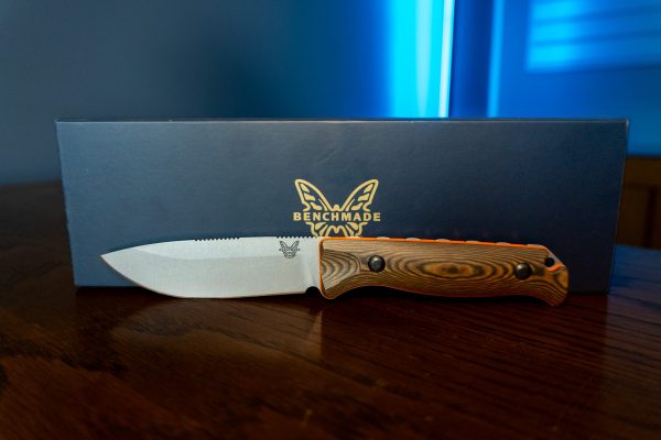 Benchmade Saddle Mountain Skinner knife with wood handle by box