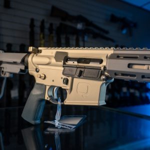 Close-up of Q Sugar Weasel AR pistol receiver and brace
