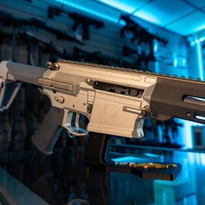 Close-up of Q Boombox 8.6 Blackout receiver and brace
