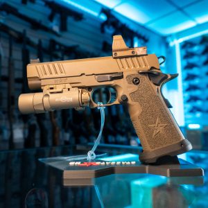 Staccato P Seven Shades of Sahara pistol with weapon light, left side
