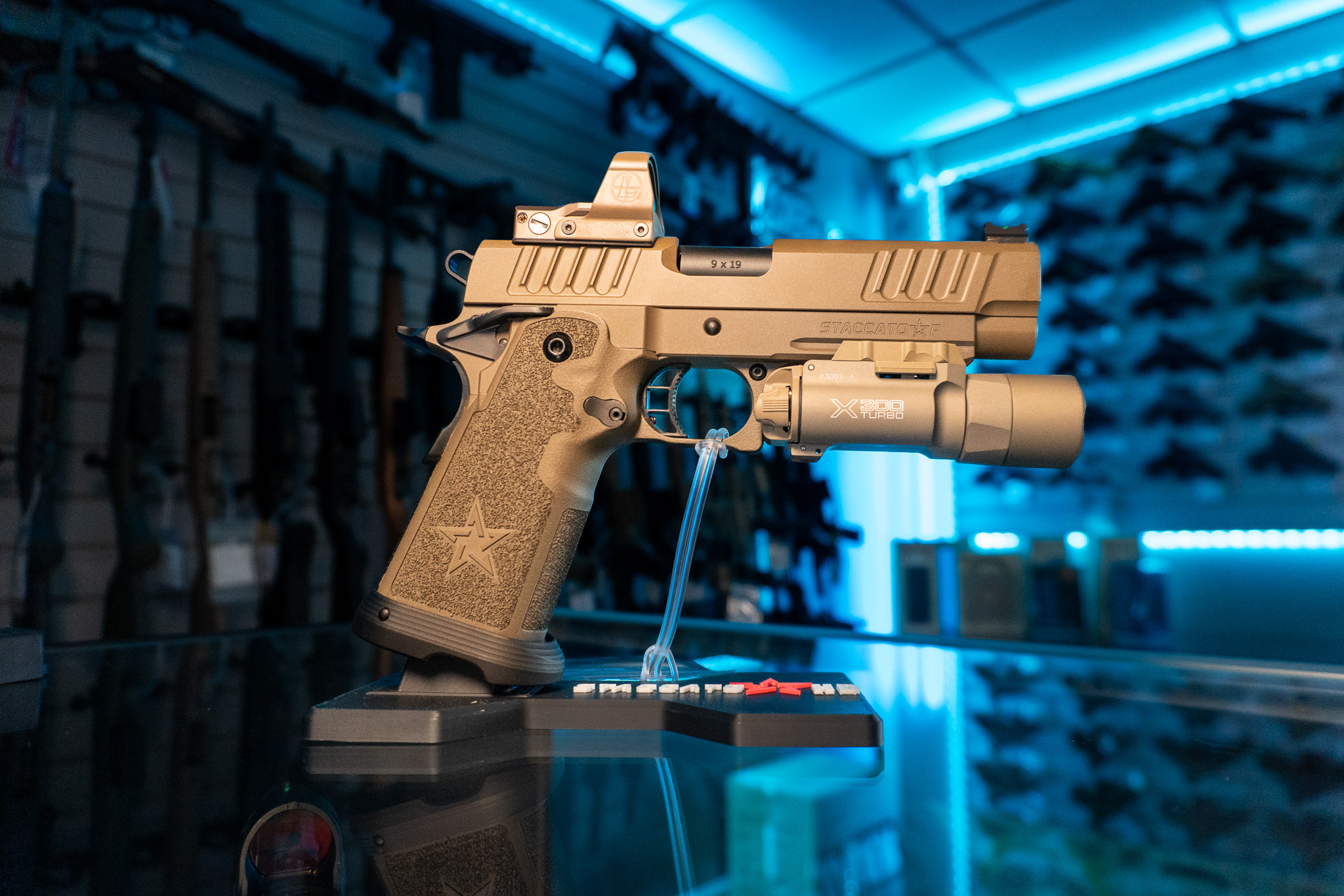 Staccato P Seven Shades of Sahara 9mm with red dot and light, right side