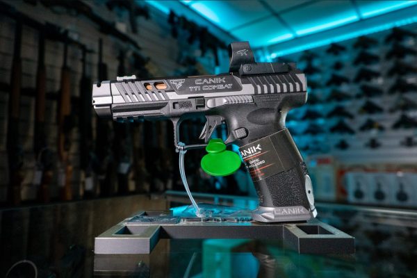 Canik TTI Combat Smoke 9mm pistol with MECANIK MO3 red dot, gray Cerakote ported slide with bronze accents and gray aluminum magwell, left side