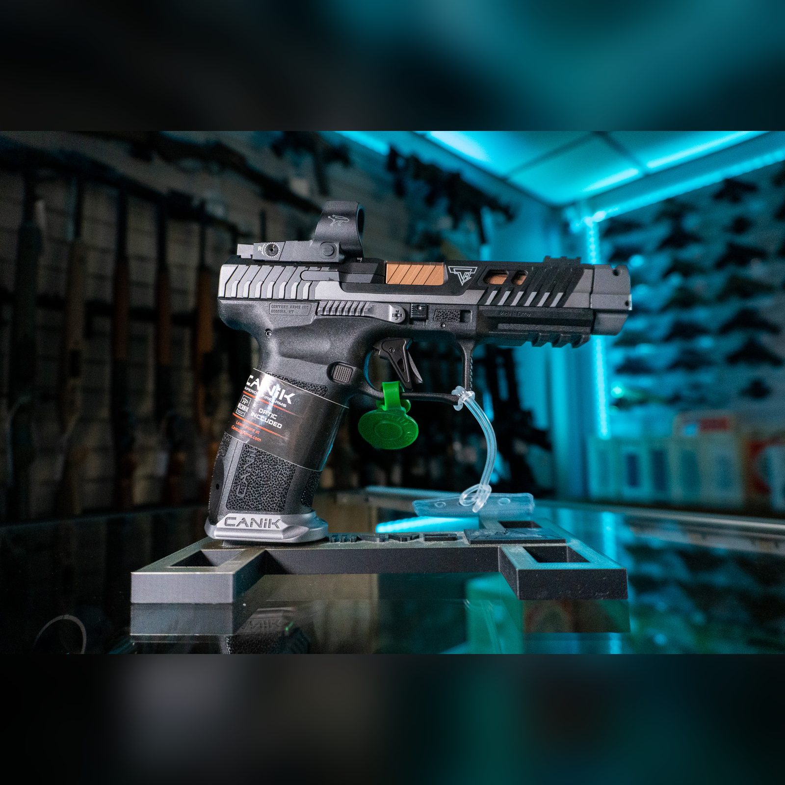 Canik TTI Combat Smoke 9mm pistol with MECANIK MO3 red dot and compensator, right side