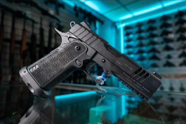 EAA Girsan Witness2311 CMX 9mm pistol in black, right side with lightening cut slide, accessory rail and textured grip