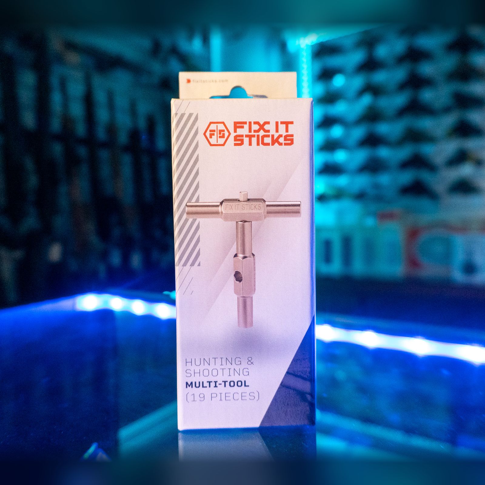 Fix It Sticks Hunting and Shooting Multi-Tool 19-piece set in its retail box on a glass store counter