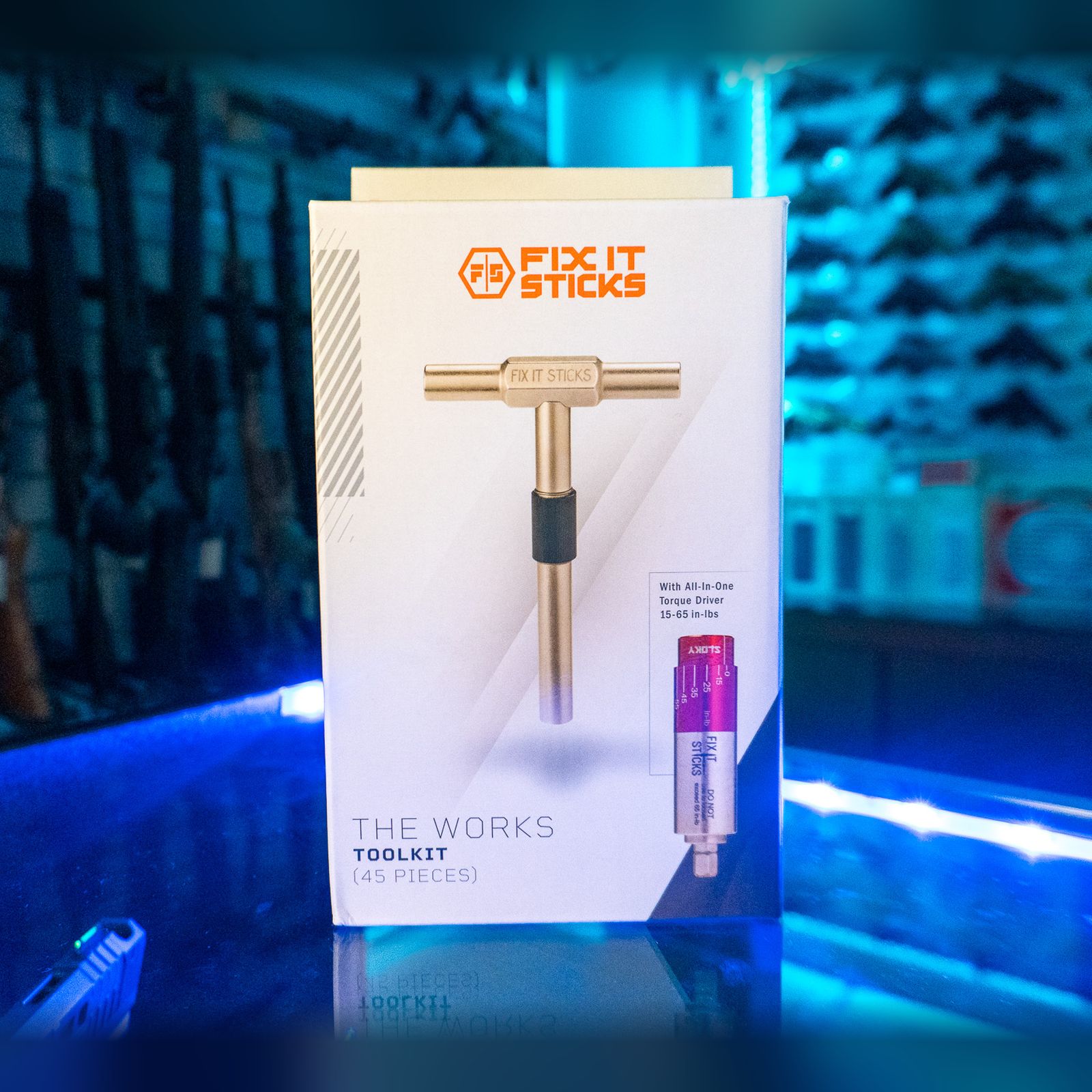 Fix It Sticks The Works 45-piece toolkit with All-In-One Torque Driver in its retail box on a glass store counter