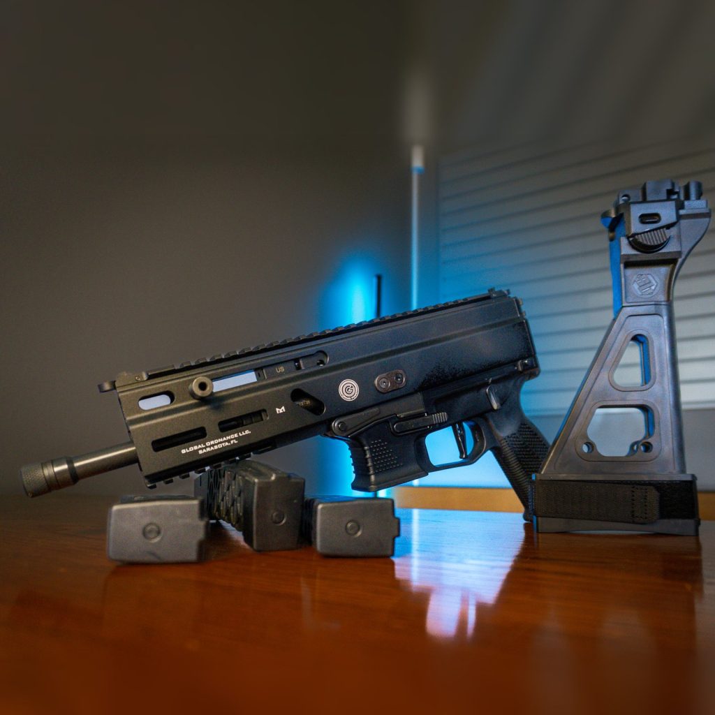 Grand Power Stribog SP9A3 9mm pistol with folding brace and magazines