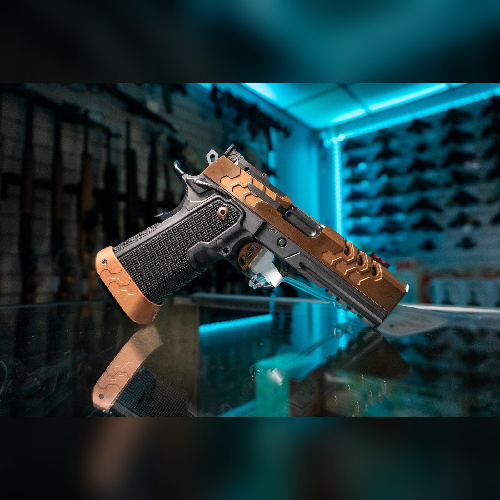 Kimber 2K11 Pro Comp 9mm pistol with Coyote PVD compensated slide, black frame and Coyote Stan Chen magwell, left side