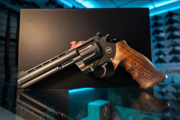 Korth Mongoose 8-Shot .357 Magnum revolver, right side with 6 inch full-lug barrel with ventilated rib and Korth medallion