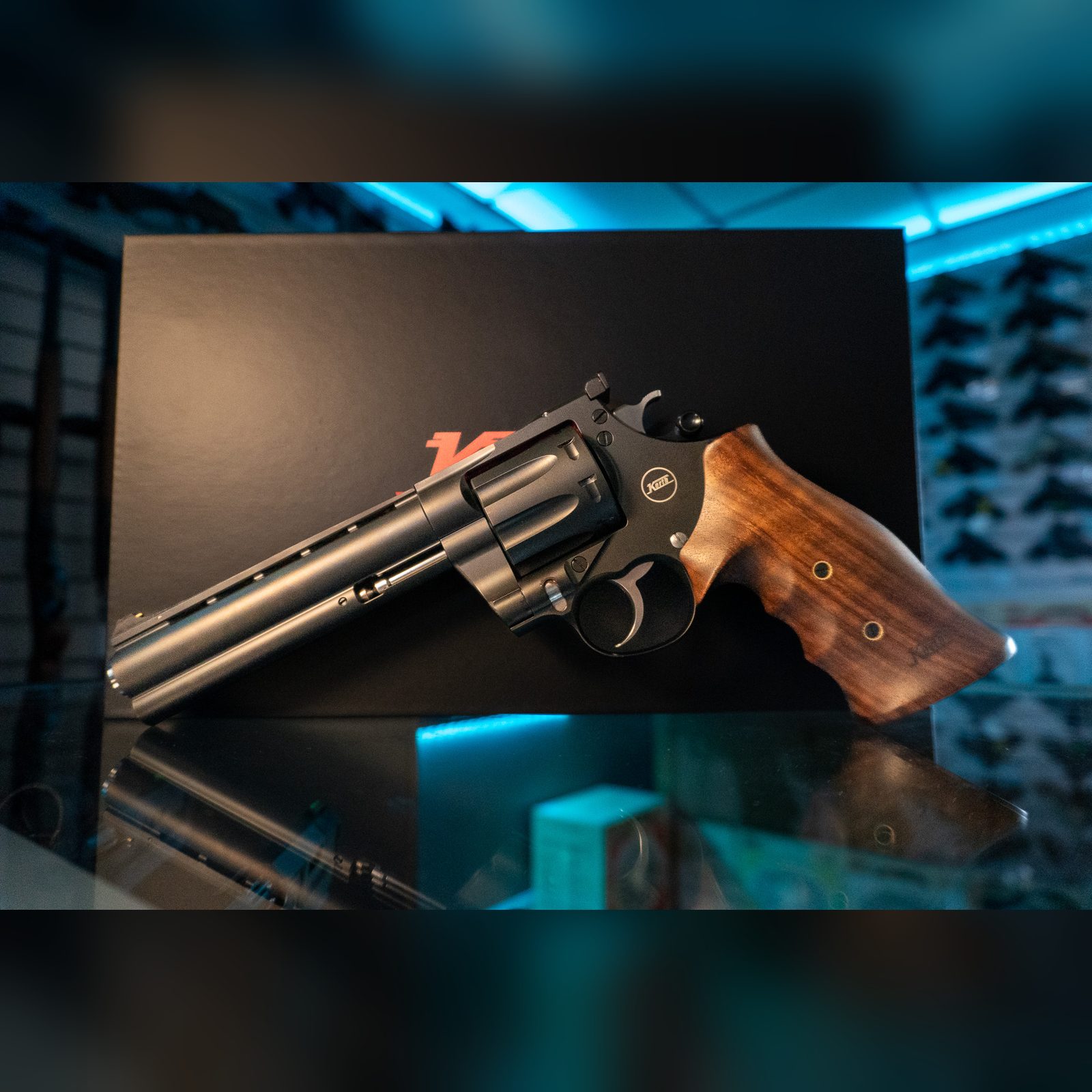 Korth Mongoose 8-Shot .357 Magnum revolver, right side with 6 inch full-lug barrel with ventilated rib and Korth medallion