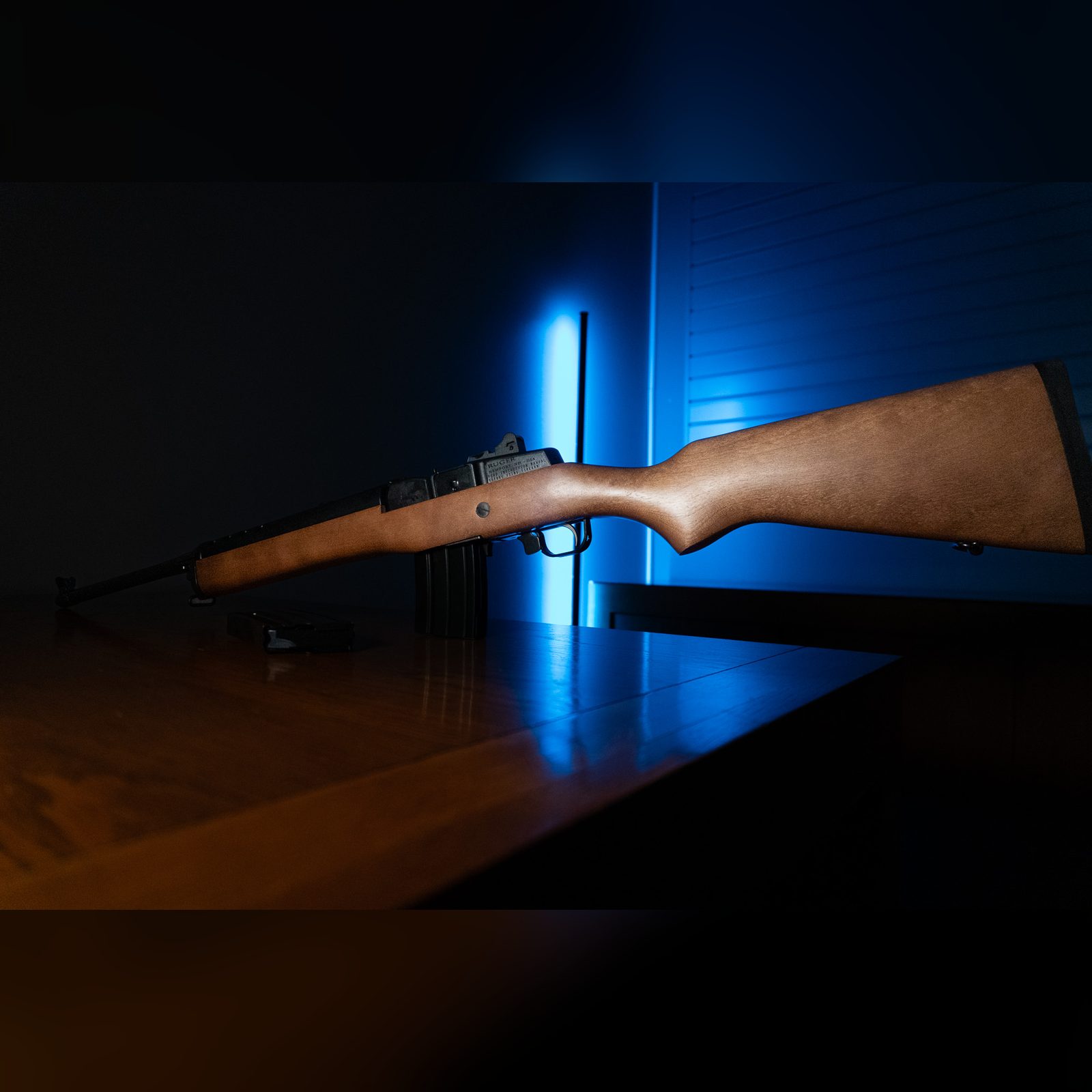 Left side of a Ruger Mini-14 Ranch 5.56 NATO rifle with the hardwood buttstock, blued receiver and 20-round magazine