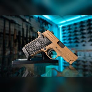 Sig Sauer P238 Emperor Scorpion .380 ACP micro-compact pistol in Coyote, ejection port side with black G10 grips