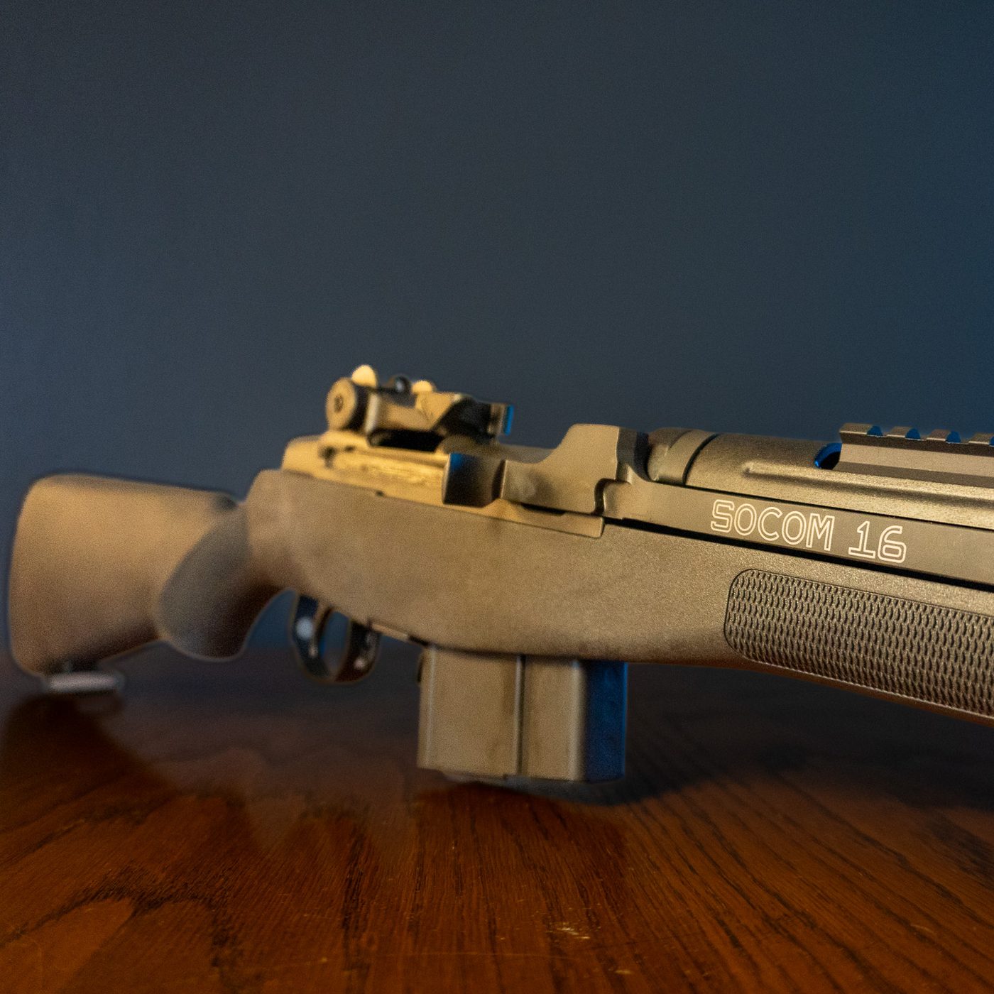 Springfield Armory M1A SOCOM 16 receiver close-up with ghost ring rear sight, SOCOM 16 marking, scout Picatinny rail and 10-round magazine