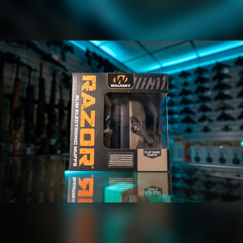 Walker's Razor Slim Patriot electronic ear muffs in Flat Dark Earth in the retail box with US flag patch