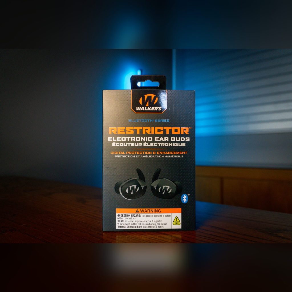 Walker's Restrictor Bluetooth Series electronic ear buds in black, retail box front