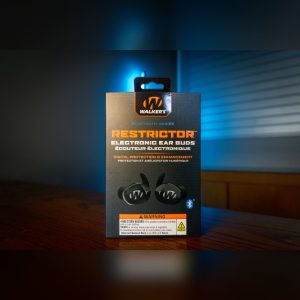 Walker's Restrictor Bluetooth Series electronic ear buds in black, retail box front